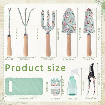 WNJ Gardening Tool Set, 10 PCS Heavy Duty Floral Pattern Garden Tools Set Kit, Complete Gardening Tool Bag Set, with Non-Slip Rubber Handle, Best Gifts for Women