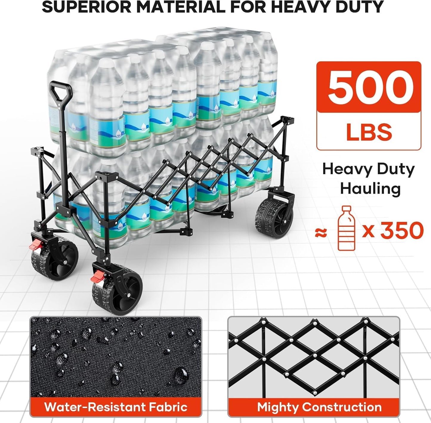 49" L Collapsible Foldable Extended Wagon with 500lbs Weight Capacity,300L Heavy Duty Beach Cart,Large Utility Wagon with Cup Holders,Cart for Sports,Outdoors,Grocery,Shopping,Black