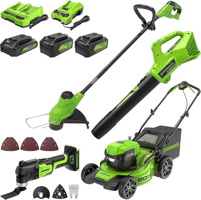 Greenworks 48V (2x24V) All - in - One Cordless Combo - 20" Lawn Mower, 12" Trimmer, 320 CFM Blower & 24V Multi - Tool