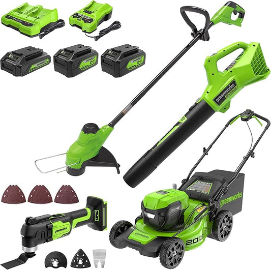 Greenworks 48V (2x24V) All - in - One Cordless Combo - 20" Lawn Mower, 12" Trimmer, 320 CFM Blower & 24V Multi - Tool