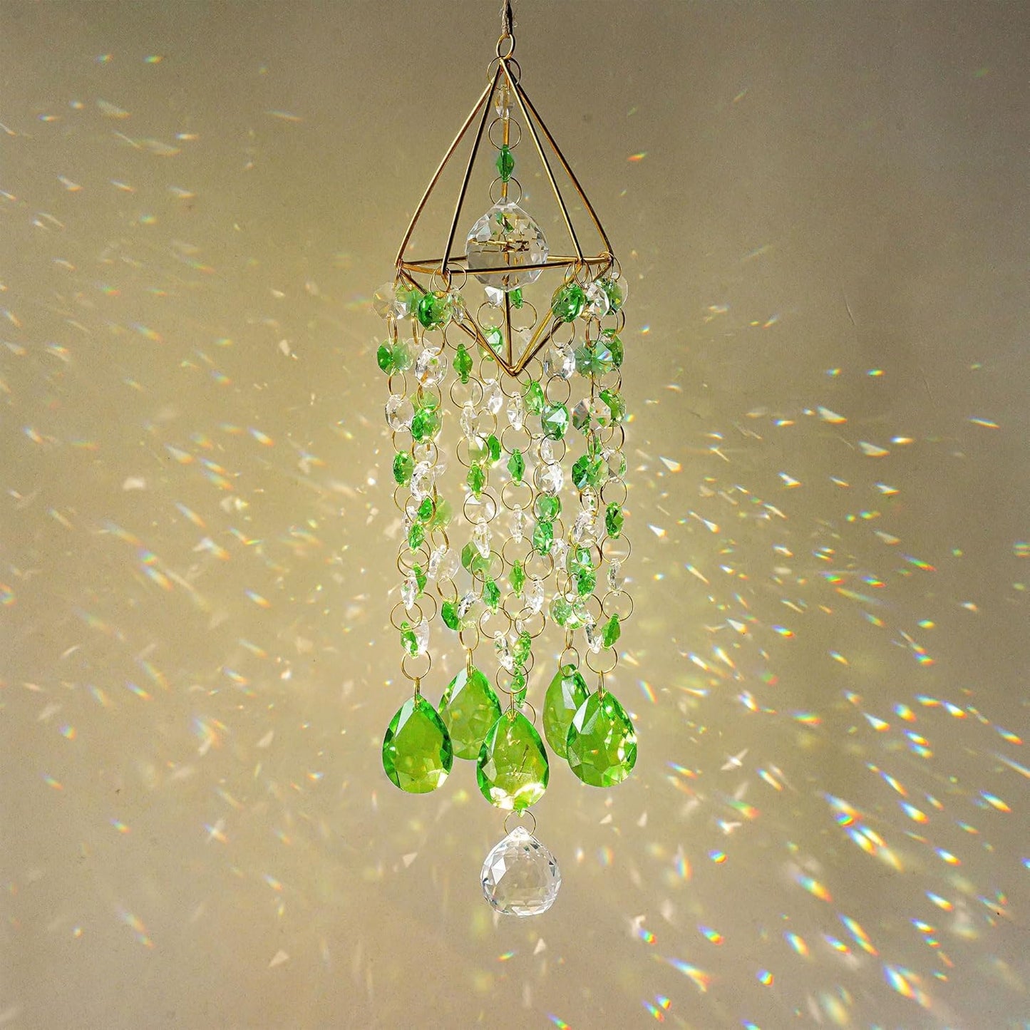 HDCRYSTALGIFTS Crystal Suncatcher, Crystal Sun Catcher Indoor Window Rainbow Prisms Suncatcher for Window Hanging Glass Wind Chimes Home Garden Decor (Green)