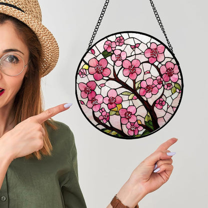 Stained Glass Window Hanging - Cherry Blossoms Birth Flower Suncatcher for Door Garden Patio Sun Catchers Decor Christmas Mother's Day Birthday Gifts for Women Mom Nana Friend Wife 7.8 in