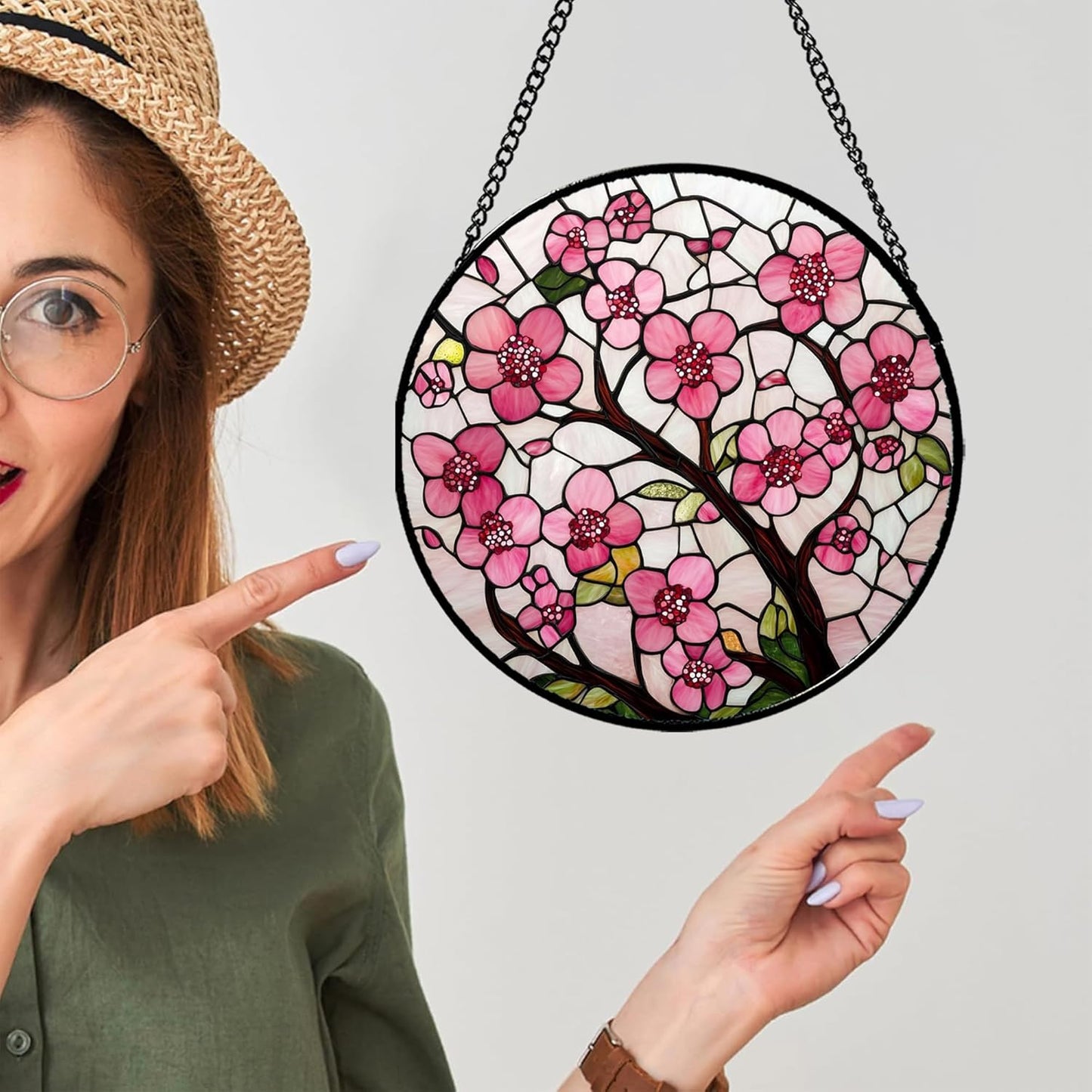 Stained Glass Window Hanging - Cherry Blossoms Birth Flower Suncatcher for Door Garden Patio Sun Catchers Decor Christmas Mother's Day Birthday Gifts for Women Mom Nana Friend Wife 6.3 in