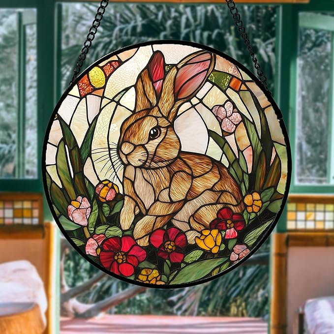 Stained Glass Window Hanging, Cute Bunny Flowers Sun Catcher for Window Door Home Decor, Rabbit Suncatcher Christmas Mother's Day Birthday Gifts for Women Men Mom and Nana 7.8 in