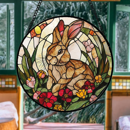 Stained Glass Window Hanging, Cute Bunny Flowers Sun Catcher for Window Door Home Decor, Rabbit Suncatcher Christmas Mother's Day Birthday Gifts for Women Men Mom and Nana 7.8 in