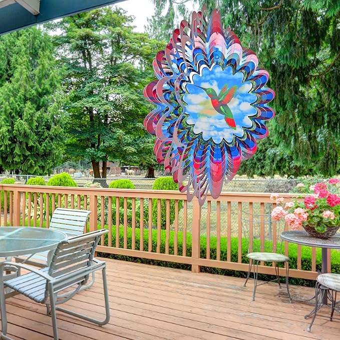 Hummingbird Animated Wind Spinner - 12In 3D Kinetic Hanging Sculpture, Creates Flying Hummingbird Animation Effect | Outdoor Garden Yard Decor, Unique Gift for Mom/Dad/Women/Men & Christmas