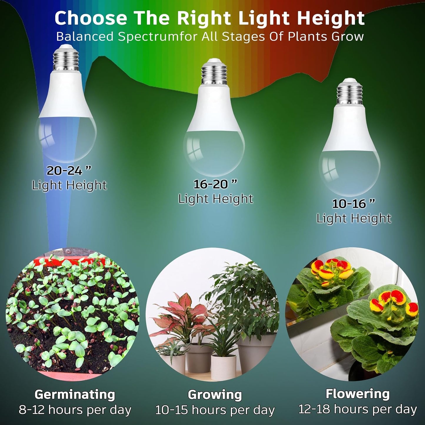 E26 A19 LED Plant Grow Light Bulbs Indoor Plants Full Spectrum,LED Sun Light Bulbs Plant Growing 100W Equivalent with Balanced Spectrum 5000K Red Blue Yellow for Seeds Greens Flower Fruit Garden,6Pack