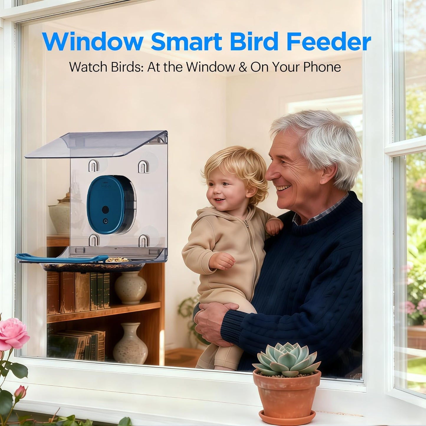 Smart Bird Feeder with Camera Solar Powered,2K HD Video Live Stream,AI Identify Birds Species,Link via Signal Transmitter,5MP Photos,Instant Arrival Alerts,Motion Detect,Elderly-Friendly,Blue