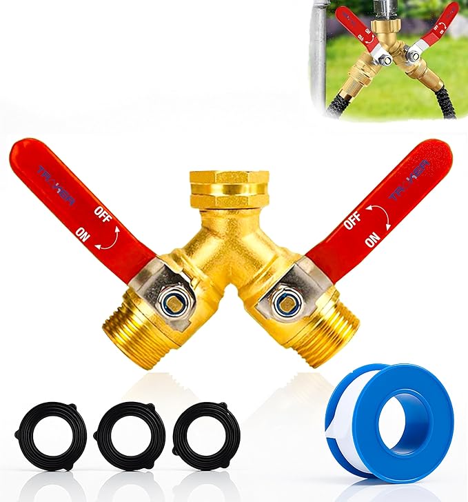 Premium 2 Way Brass Hose Splitter 3/4" Heavy Duty Leakproof Y Valve Garden Faucet Spigot Splitter Easy Long Handles With Extra Fittings and Teflon