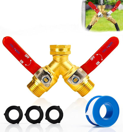 Premium 2 Way Brass Hose Splitter 3/4" Heavy Duty Leakproof Y Valve Garden Faucet Spigot Splitter Easy Long Handles With Extra Fittings and Teflon