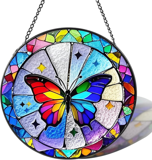 Butterfly Sun Catcher Stained Glass Window Hanging, 7.8" Suncatcher Glass Panel Window Decoration, Nature Lover Gift for Women, Wall Garden Art Decor, Gift for Birthday Christmas & Holidays