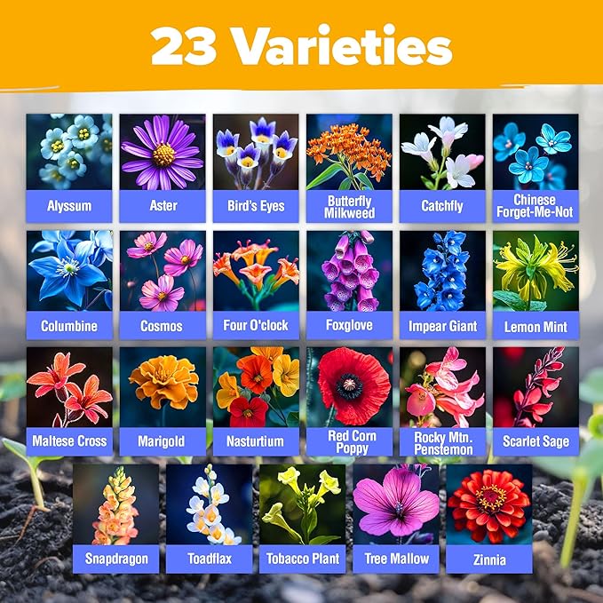 HOME GROWN Premium Wildflower Seeds 89,000+ Count - 23 Non-GMO USA Native Varieties for Bees, Butterflies & Birds - Perennial Wildflower Seed Mix Bulk 2oz - for Full Sun & Shade Gardens