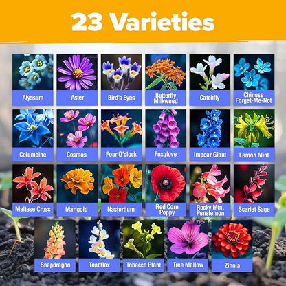 HOME GROWN Premium Wildflower Seeds 89,000+ Count - 23 Non-GMO USA Native Varieties for Bees, Butterflies & Birds - Perennial Wildflower Seed Mix Bulk 2oz - for Full Sun & Shade Gardens