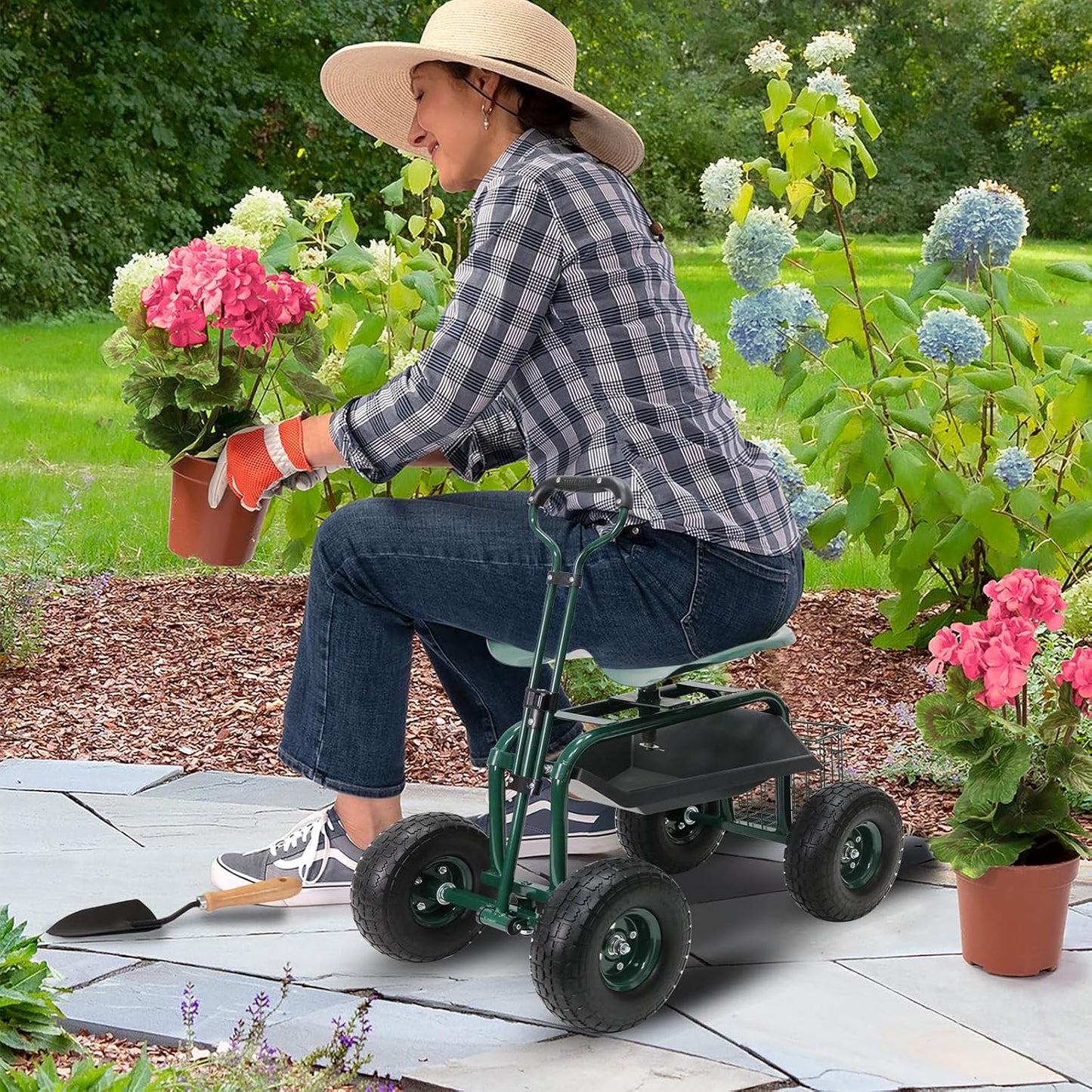 PLKO Garden Cart on Wheels,Rolling Garden Cart with Seat,Heavy Duty Gardening Stool with Basket,Adjustable Steering Handle, 360 Degree Swivel Seat for Yard,Patio,and Outdoor