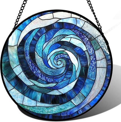 Stained Glass Window Hanging - Blue Abstract Swirl Suncatcher for Doors Garden Patio Unique Sun Catchers Decor Christmas Mother's Day Birthday Gifts for Women Men Mom Nana Friend 15 in