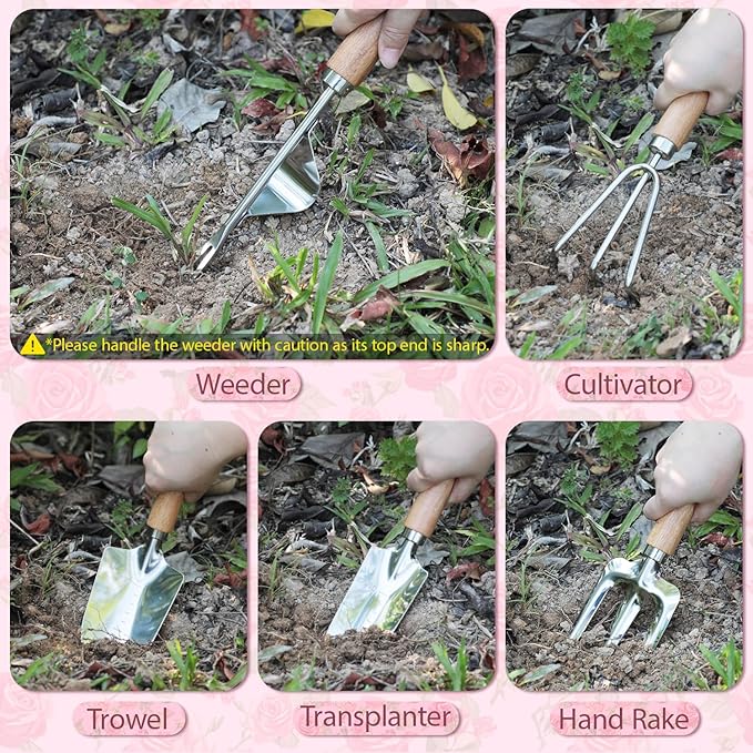 LeMotech Garden Tools Set, 10-Piece Heavy Duty Garden Hand Tools Kit with Wooden Handle, Durable Organizer Bag for Garden Supplies, Gardening Gifts for Women Grandmother, Pink Floral Pattern