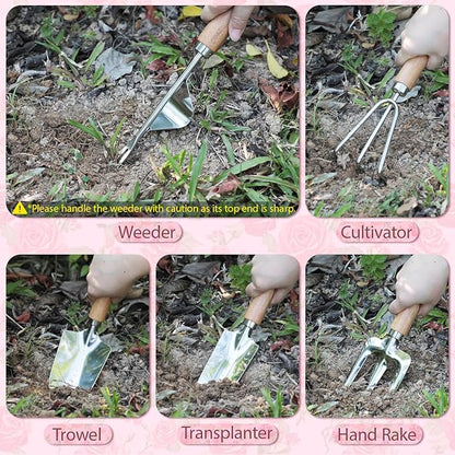 LeMotech Garden Tools Set, 10-Piece Heavy Duty Garden Hand Tools Kit with Wooden Handle, Durable Organizer Bag for Garden Supplies, Gardening Gifts for Women Grandmother, Pink Floral Pattern
