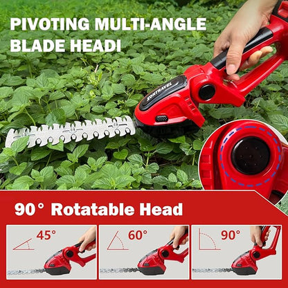Cordless Hedge Trimmer & Grass Shears - 24V Electric Shrub Trimmer Grass Shears Handheld Grass Cutter, Hedge Shear with 2 PCS Rechargeable Battery, Charger and Toolbox to for Garden, Lawn, Red
