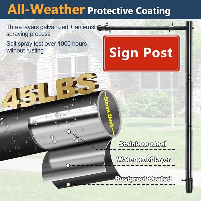 Heavy Duty Real Estate Sign Post Holder - 100" Adjustable Metal Yard Sign Stand with Spiral Ground Stakes, Rust-Proof Coating, Universal Sign Holder for Traffic, Construction, Events, Weatherproof & Long-Lasting