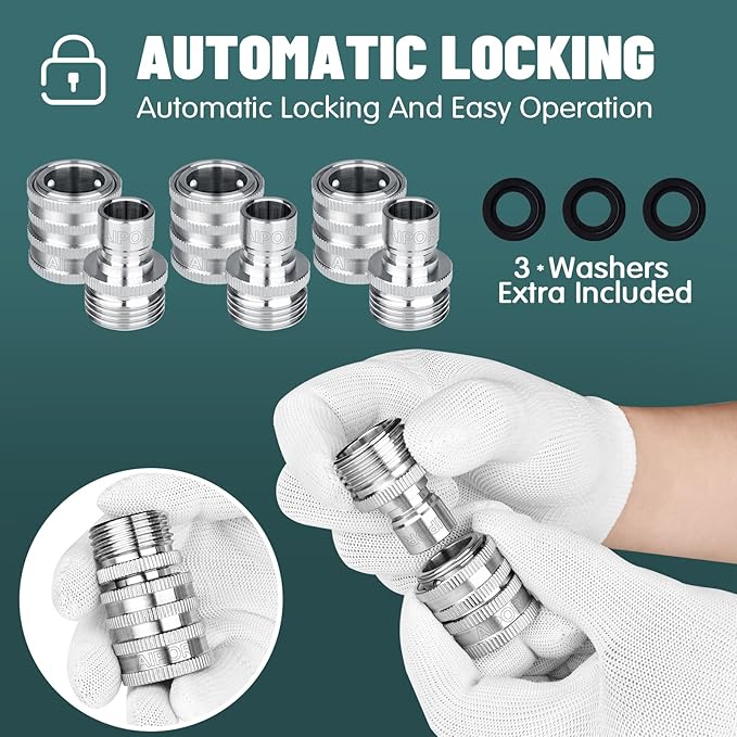Quick Connect Hose Fittings for Garden Hose Quick Connector 3/4 Inch GHT Stainless Steel Quick Release Connectors No-Leak (3 Set)