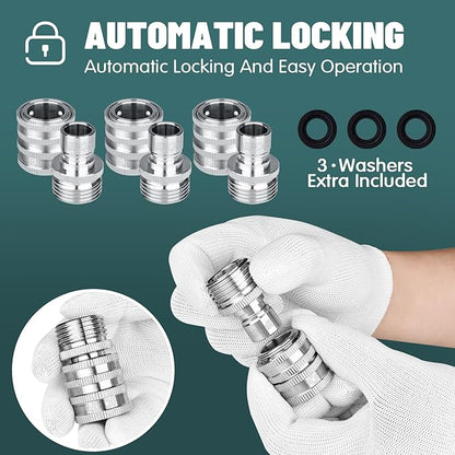 Quick Connect Hose Fittings for Garden Hose Quick Connector 3/4 Inch GHT Stainless Steel Quick Release Connectors No-Leak (3 Set)