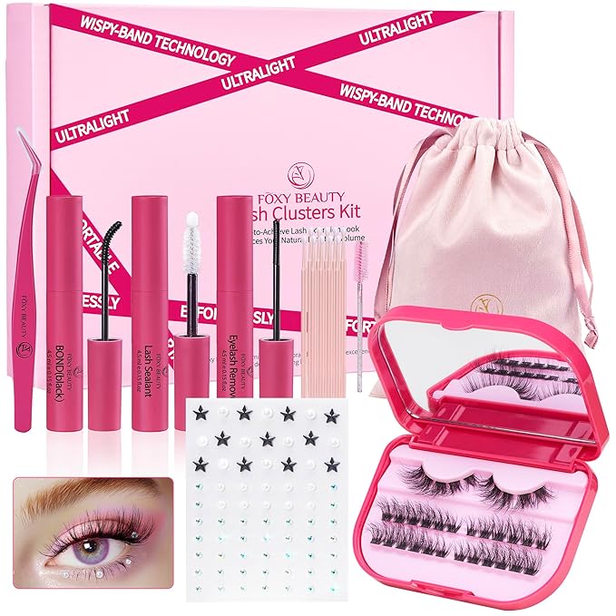Lash Clusters Kit with Self Adhesive Pearl Stickers Fluffy Lash Clusters Left Right Lash Extension Kit with Bond Seal Eyelash Kit Gift Set with Drawstring Bag Portable Starter Kit Birthday Gift Women