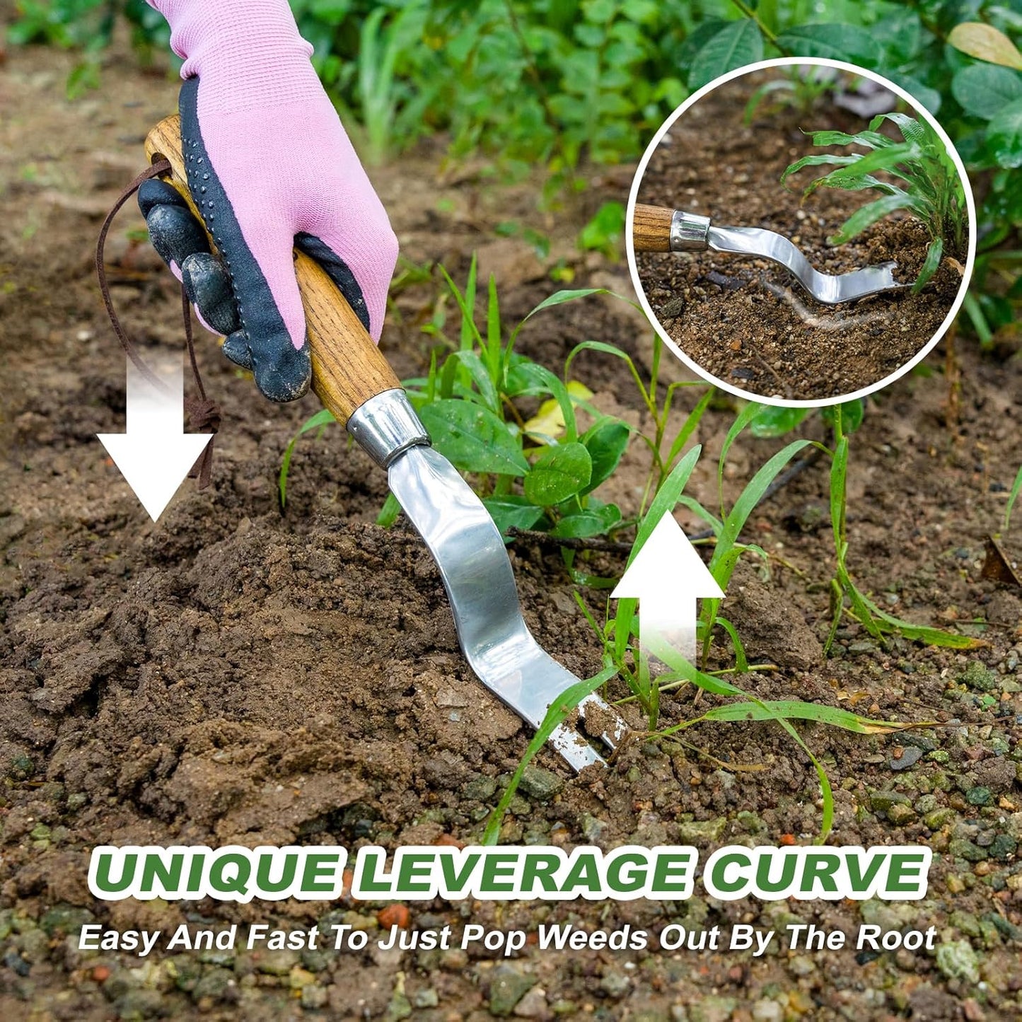 Weed Puller Tool, Hand Weeder with Good Leverage for Easy Pulling Weeds, Heavy Duty Stainless Steel Dandelion Puller Tool, Weed Digger Fork with Comfortable Wood Handle for Removal Dandelion crabgrass