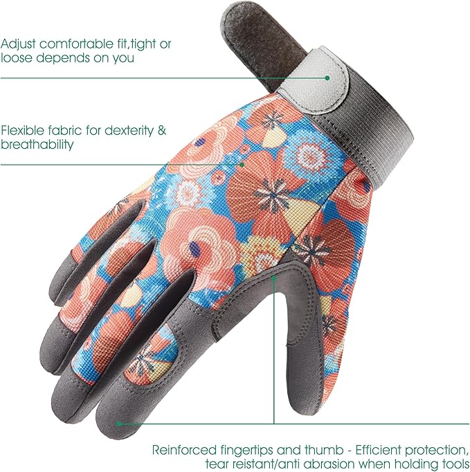 COOLJOB Medium Gardening Work Gloves for Women Ladies, Thorn Proof for Rose Pruning, Cactus Handling, Blackberry Bush Planting, Puncture Resistant Anti-Slip Flexible, 1 Pair M Floral Purple