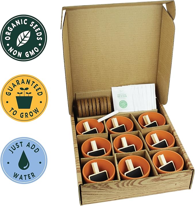 BUZZY Seeds 9 Pot Terracotta Grow Kit Organic Herb Seed Starter Set for Indoor Planting | Includes Seeds, Planting Pots, Soil and Plant Markers, Easy Gardening Gift, Kids Project, Gifts for Teachers
