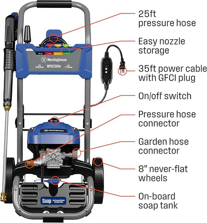 Westinghouse WPX2300e Electric Pressure Washer, 2300 Max PSI and 1.76 Max GPM, Induction Motor, Onboard Soap Tank, Spray Gun and Wand, 5 Nozzle Set, for Cars/Fences/Driveways/Homes/Patios/Furniture