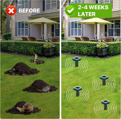 Mole Repellent Solar Powered for Lawns Snake Repellent for Yard Gopher Trap Groundhog Vole Repellent Ultrasonic Spike Outdoor Waterproof Sonic Chipmunk Rodent Burrowing Animals Deterrent Stake (4)
