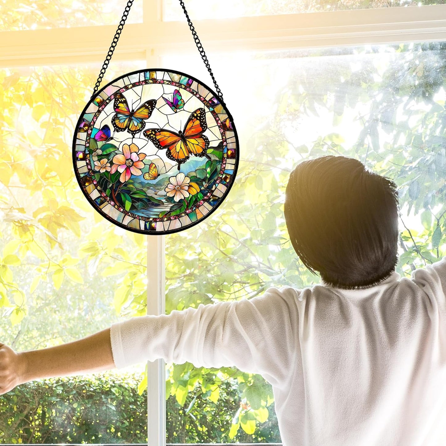 Stained Glass Window Hanging, Butterflies Flying in The Sky Suncatcher for Doors Home Sun Catchers Decoration and Christmas, Mother's Day Birthday Gifts for Women, Men, and Mom 7.8 in