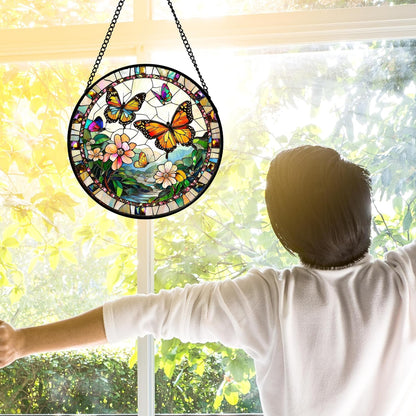 Stained Glass Window Hanging, Butterflies Flying in The Sky Suncatcher for Doors Home Sun Catchers Decoration and Christmas, Mother's Day Birthday Gifts for Women, Men, and Mom 7.8 in