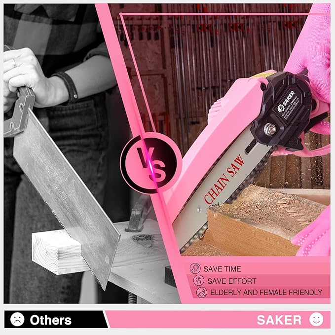 Saker Mini Electric Chainsaw,6 Inch, Handheld Portable Chain Saw Pruning Shears Chainsaw Cordless for Tree Branches,Household and Garden(SAKER MINI CHAINSAW PINK + 2 BATTERIES + 3 CHAINS)