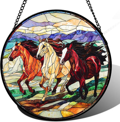 Stained Glass Window Hanging, Colorful Landscape Running Horse Suncatcher for Doors Window Home Sun Catchers Decoration Mother's Day Birthday Gifts for Women, Men, and Mom 7.8x7.8 in