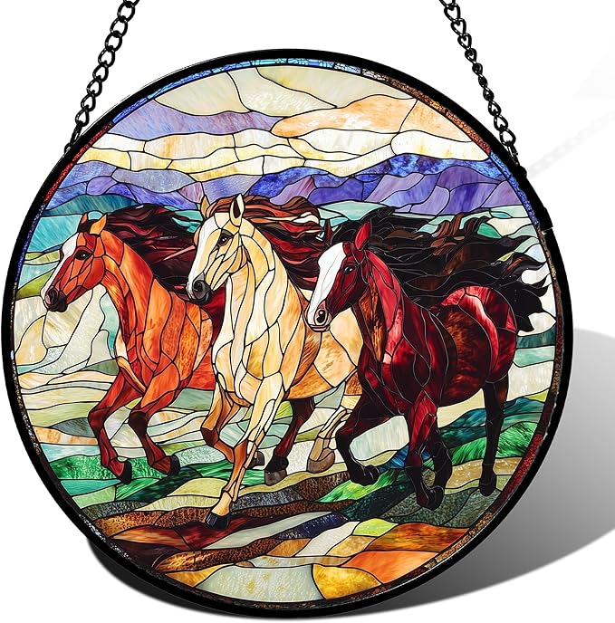 Stained Glass Window Hanging, Colorful Landscape Running Horse Suncatcher for Doors Window Home Sun Catchers Decoration Mother's Day Birthday Gifts for Women, Men, and Mom 9.8x9.8 in