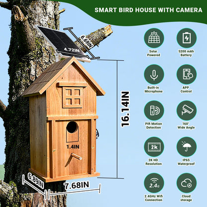 Smart Bird House with Camera Solar Powered, 2K HD Live View Birdhouse Camera with Nest Auto Capture Photo & Video, 2.4G WiFi & App Notify, for Viewing Bird Nesting and Hatching