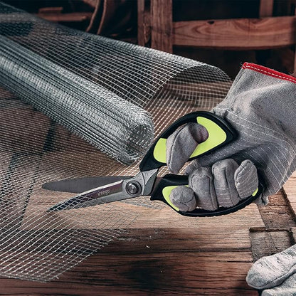 LIVINGO Heavy Duty Industrial Scissors: 10" Utility Stainless Steel Sharp Scissors all Purpose Premium Titanium Coating Forged Shop Shears for Household Pruning, Gardening, Construction, Green/Black