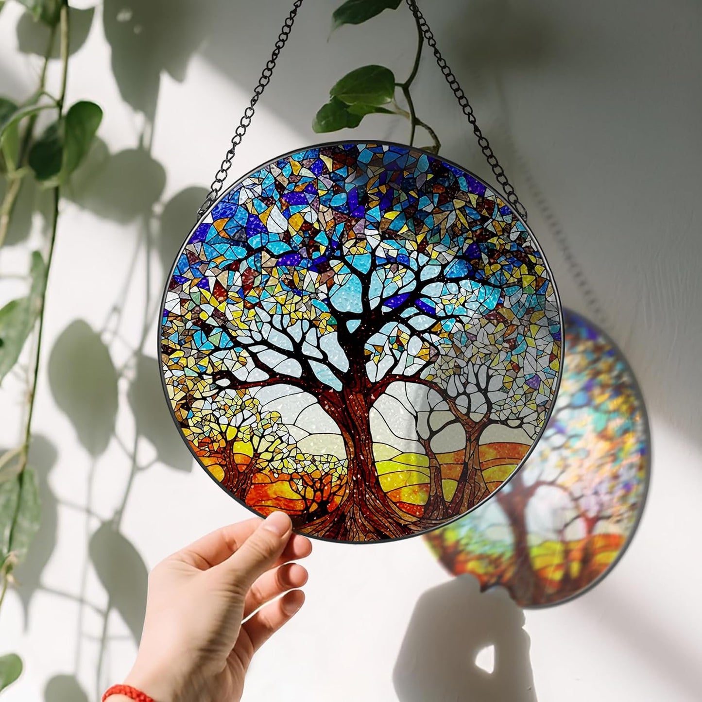 Stained Glass Window Hanging, LAOWEIKI 8'' Tree of Life Suncatcher, Stained Glass Ornament, Suncatchers for Windows Hanging, Window Decor, Outdoor or Indoor, Gifts for Women, Lovers, Couple, Friends