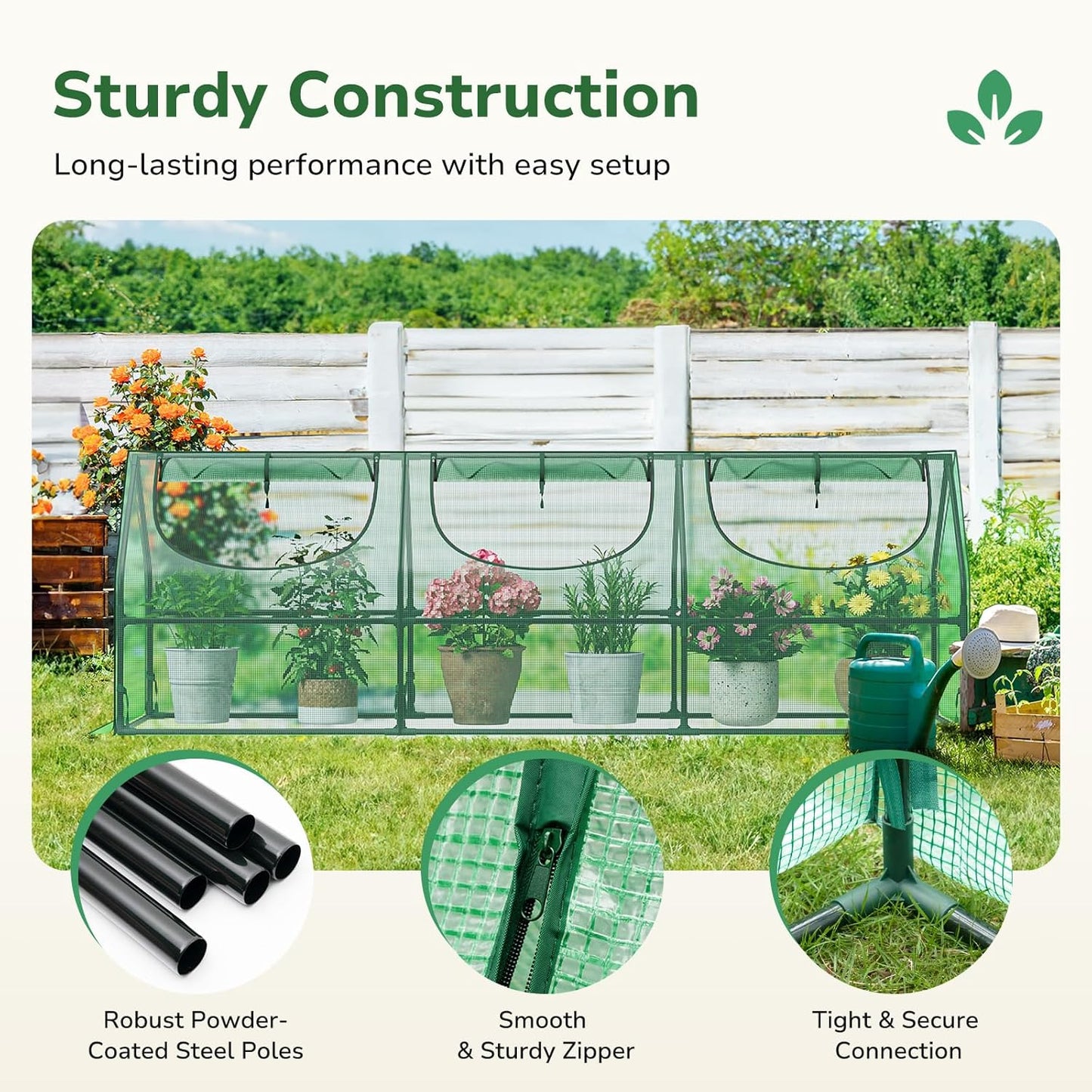 Greatbuddy Portable Mini Greenhouse, 3×3×9Ft, High-Density PE Plant Cover with 3 Roll-up Zipper Windows, Perfect for Outdoor Plant Growing