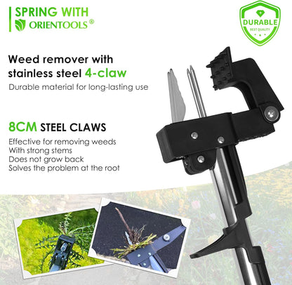 ORIENTOOLS Weed Puller, Stand Up Weed Puller, 32 to 41 inch Long Handle, Upgrade Detachable Telescopic Handle Garden Weeding Tool with 4 Claws for Labor Saving Dandelions Remover Tool