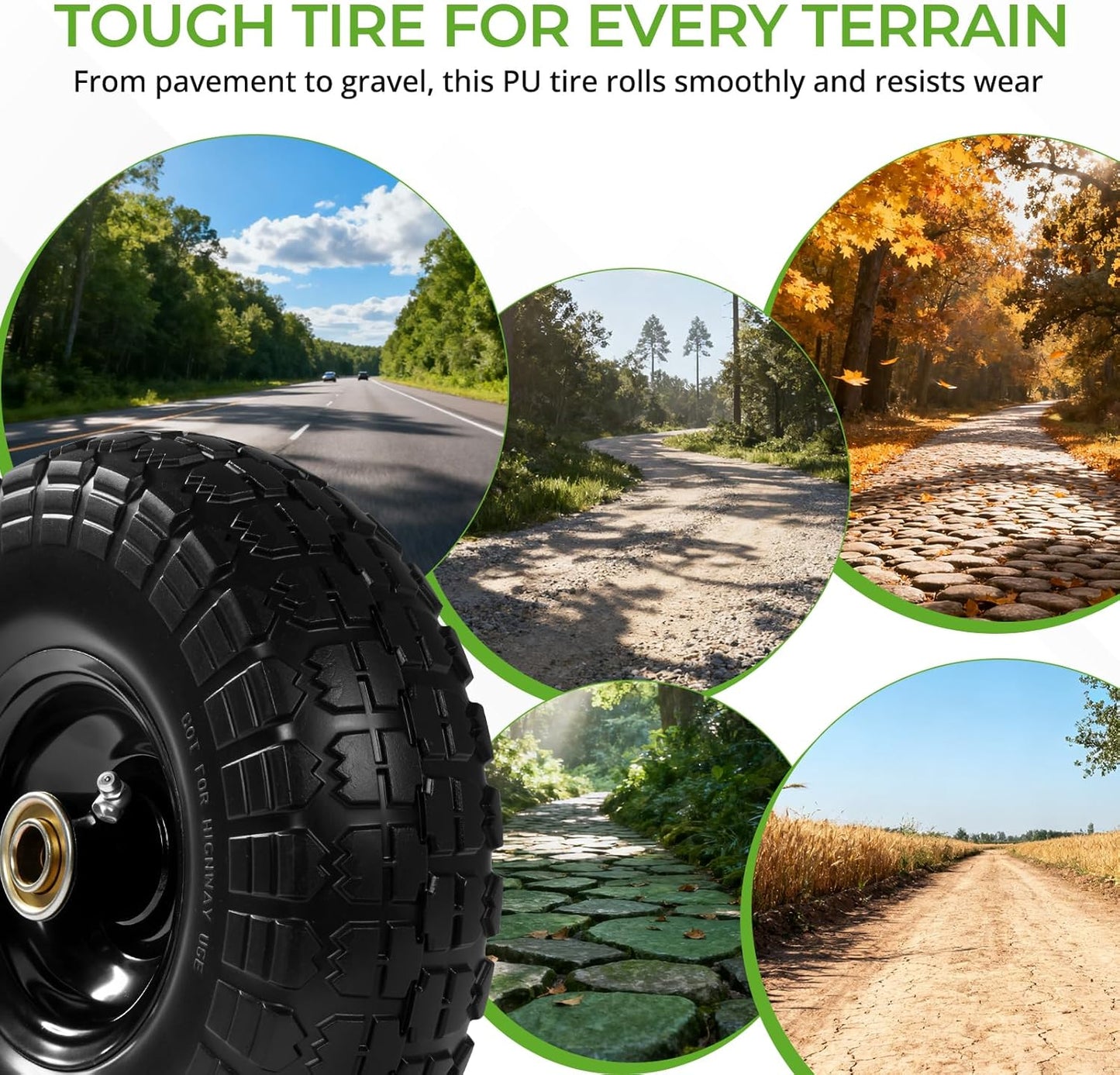 Backyard Expressions 10 Inch, 13 Inch, 16 Inch Flat-Free PU Tire 2-Pack - Solid Rubber Replacement Wheels for Hand Truck, Wheelbarrow, Dolly, Garden Cart - 5/8" & 3/4" Bearings, Spacer Kit, Steel Hub