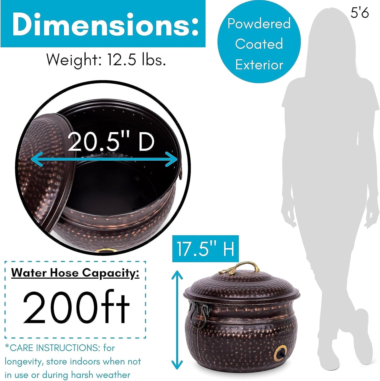 BIRDROCK HOME Water Hose Holder - Decorative Metal Pot, Indoor or Outdoor, Garden Storage Organizer, Patio Portable Bucket - Distressed Bronze, Holds up to 200ft Hoses, Large with Lid