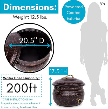 BIRDROCK HOME Water Hose Holder - Decorative Metal Pot, Indoor or Outdoor, Garden Storage Organizer, Patio Portable Bucket - Distressed Bronze, Holds up to 200ft Hoses, Large with Lid