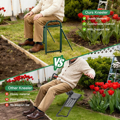 Heavy Duty Garden Kneeler and Seat for Elderly, 400lbs Capacity Foldable Gardening Stool with Support Legs & Thick Pad, Includes Large Tool Organizer Bag, Green