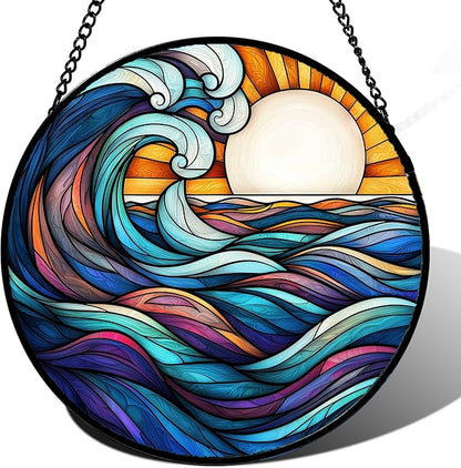 Stained Glass Window Hanging, Big Wave Sun Suncatcher Diamond Glass Panel Hangings Abstract Sun Catchers Decor for Birthday for Women, Men, Wife, Aunt, and Mom 14.9x14.9 in