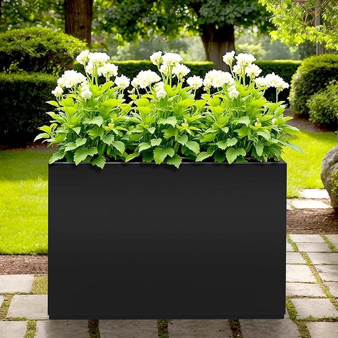 Large Rectangle Planter Metal Black Planter Box with a Drainage Hole and a Removable Divider Indoor Outdoor Porch Pots for Tall Plants, Trees, Flowers 35.43" x 9.06" x 25.59" Black