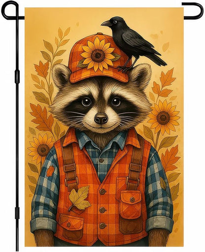Thanksgiving Fall Garden Flag 12x18 Inch Welcome Raccoon Outdoor Flag Double Sided Autumn Yard Banner with Sunflower Hat and Bird for Porch Lawn Patio Seasonal Decor