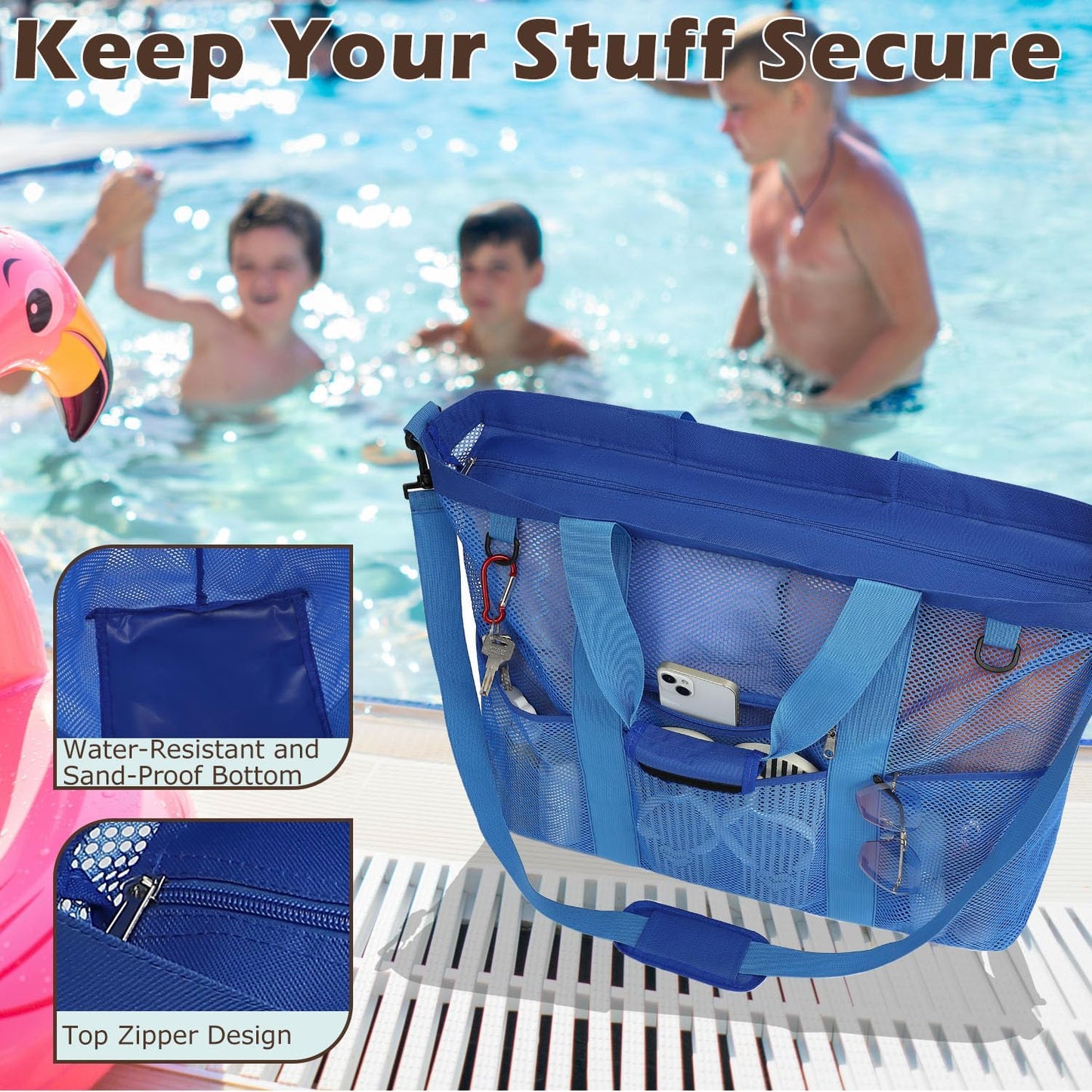 Mesh Beach Bag, Large Beach Tote with Zipper Pocket for Family Pool Bag for Toys & Vacation Essentials