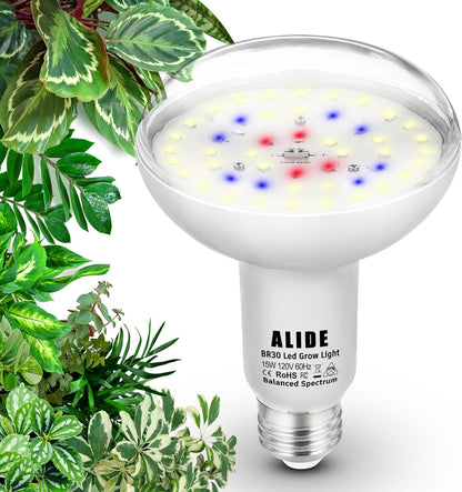 BR30 Led Grow Light Bulbs for Indoor Plants Full Spectrum,E26 BR30 Floodlight Plant Sun Grow Lamp 15W 1800lm,150-200 Watt Equivalent,Balanced Spectrum 5000K Red Blue for Seeds Greens,Flowers,1Pcs